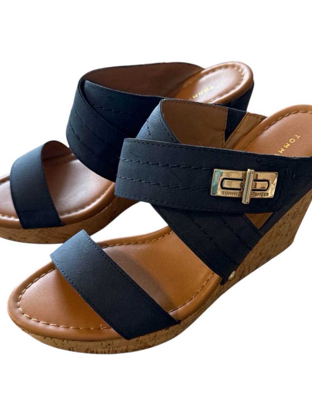 Tommy Hilfiger Navy and Tan Cross-Strap Slide Sandals